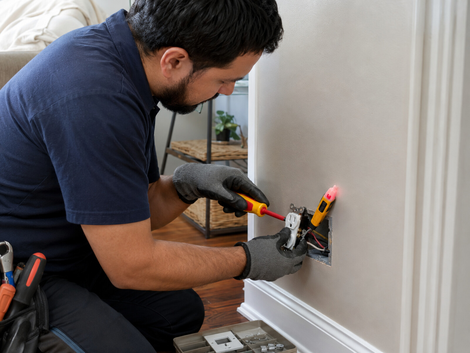 Technician replacing a residential electrical outlet
