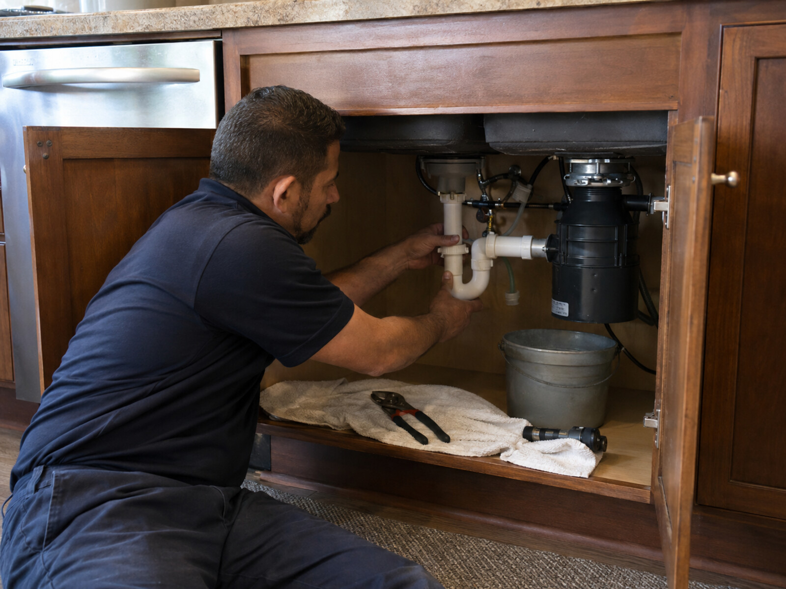 Technician working on plumbing under a kitchen sink