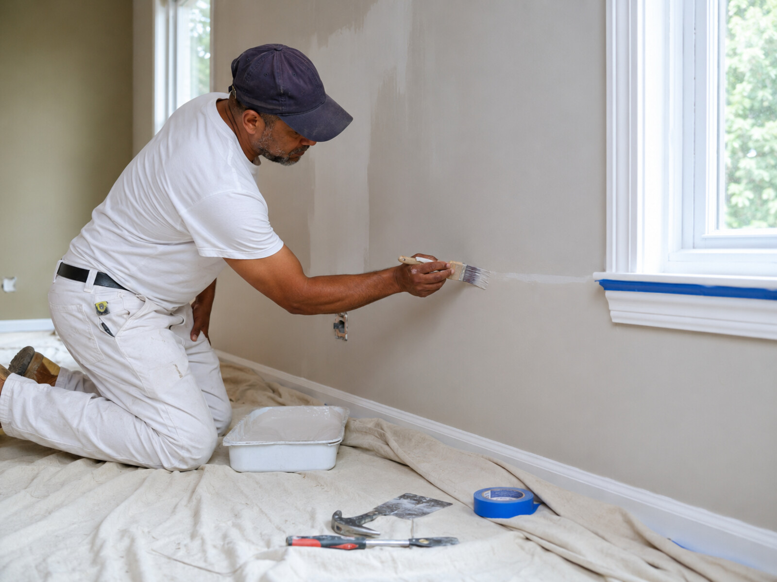 Painter cutting in a wall with a brush